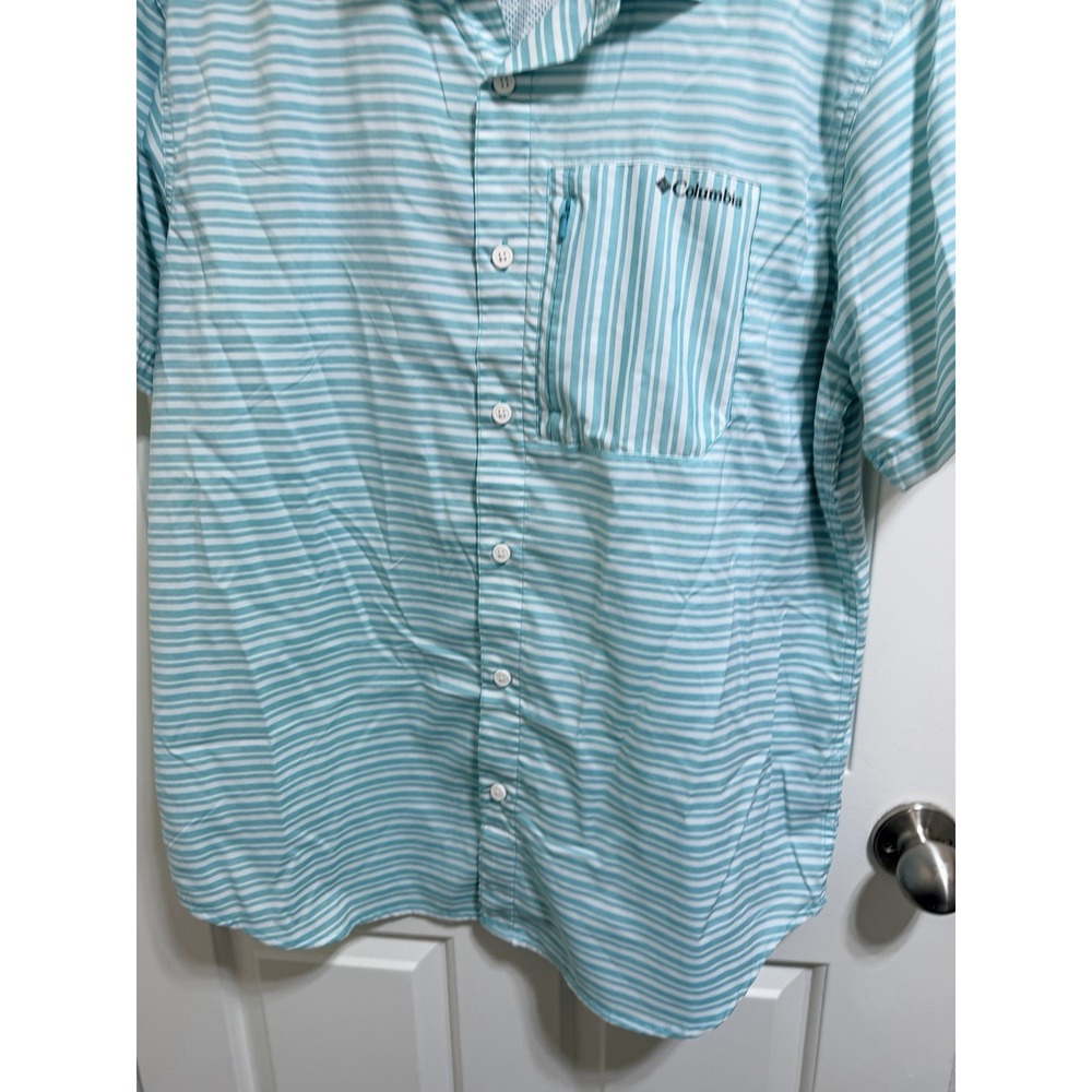 Columbia Twisted Creek II SS Shirt Mens Large Teal Stripes Vented Hiking White - Picture 2 of 5